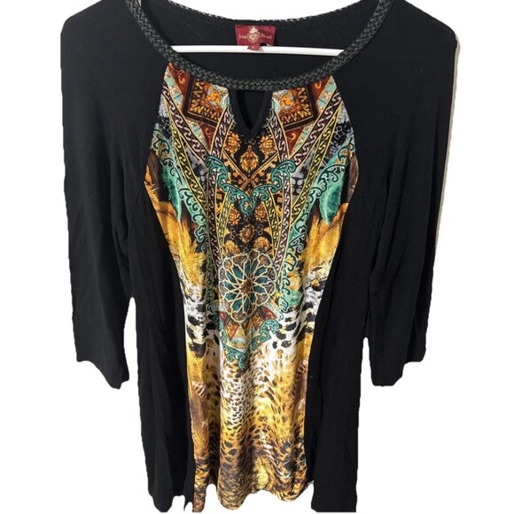 From the Heart Black with Scarf Artistic Ornate Pattern Tunic Blouse Size Large - Picture 3 of 5
